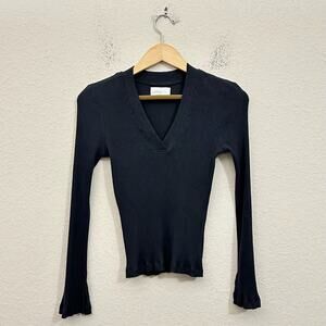 LOSANO Grace Top Black V-Neck Bell Sleeve Ribbed Knit Stretch Goth